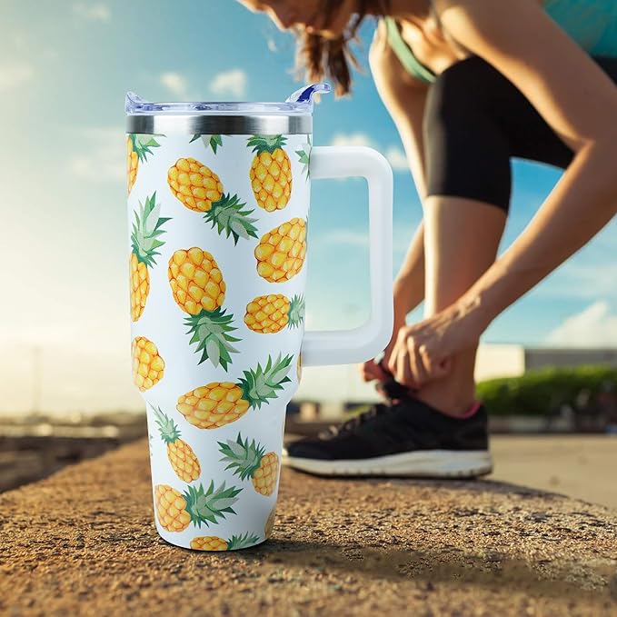 40 oz Tumbler with Handle and Straw, Stainless Steel Insulated Cup with Leak Proof Lid and Straw Lid, Keep Drinks Cold and Hot for Hours(Pineapple)