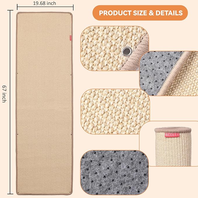 66.93x19.68x0.32 inch Thickened Cat Wall Scratcher Carpet, Cat Climbing Wall, Durable Cat Wall Furniture, Tall Cat Scratching Post, Wall Scratchers for Indoor Cats, Couch Sofa Protector (Brown)