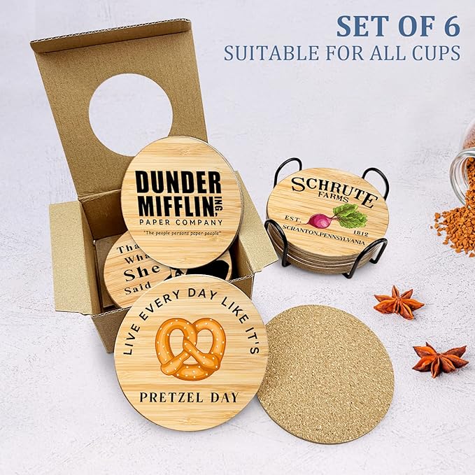 6 PCS The Office Cork Coasters for Drinks,The Office TV Show Merchandise,Funny Set with Coaster Holder,Dunder Mifflin Kitchen Decor,Michael Scott TV Themed Coasters Gifts for Fans
