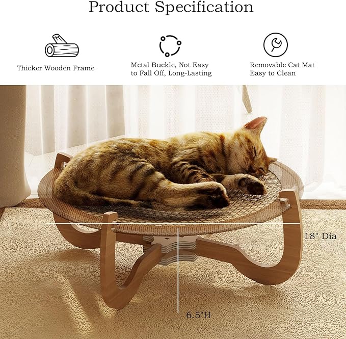 Cat Bed Mat, 18”X 6.5” Comfortable Rattan Breathable Cat Bed, Removable and Washable, Open Round Cat Mat Dog Mat for 20-lb Pets, for Indoor and Outdoor Use, Rustic Brown