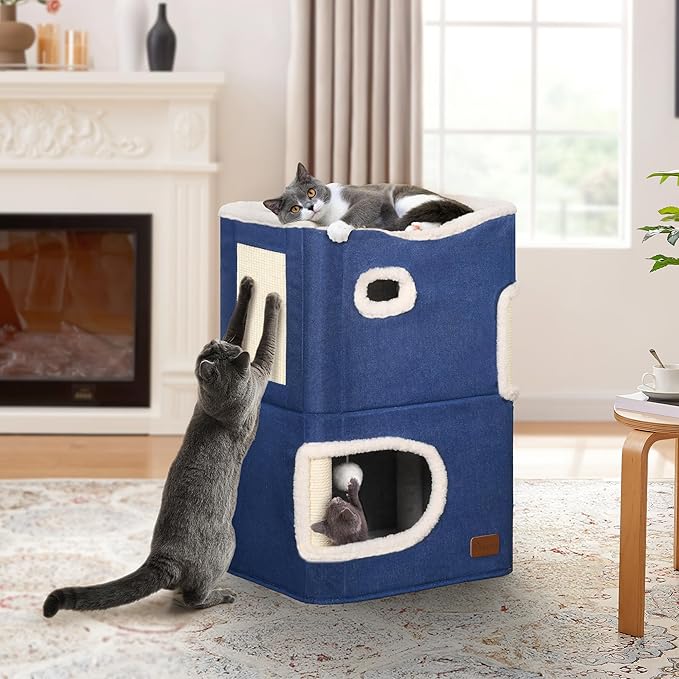 YITAHOME 2-Tier Cat House, Indoor Cat Cave Bed Playhouse, Flannel & Cool Mat, Covered Cat Beds with Scratch Pad and Hideaway Cave, Cute Modern Cat Condo Furniture for Multi Small Cats, Blue