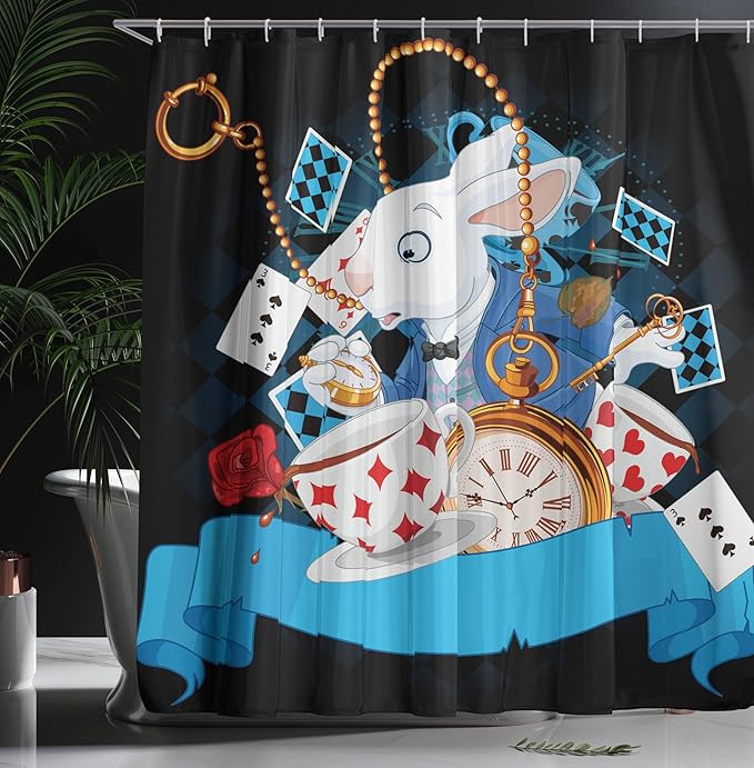 Ambesonne Alice in Wonderland Shower Curtain, Rabbit Motion Cups Hearts and Flower Character Alice Cartoon Style, Cloth Fabric Bathroom Decor Set with Hooks, 69" W x 70" L, Dark Blue Charcoal Grey