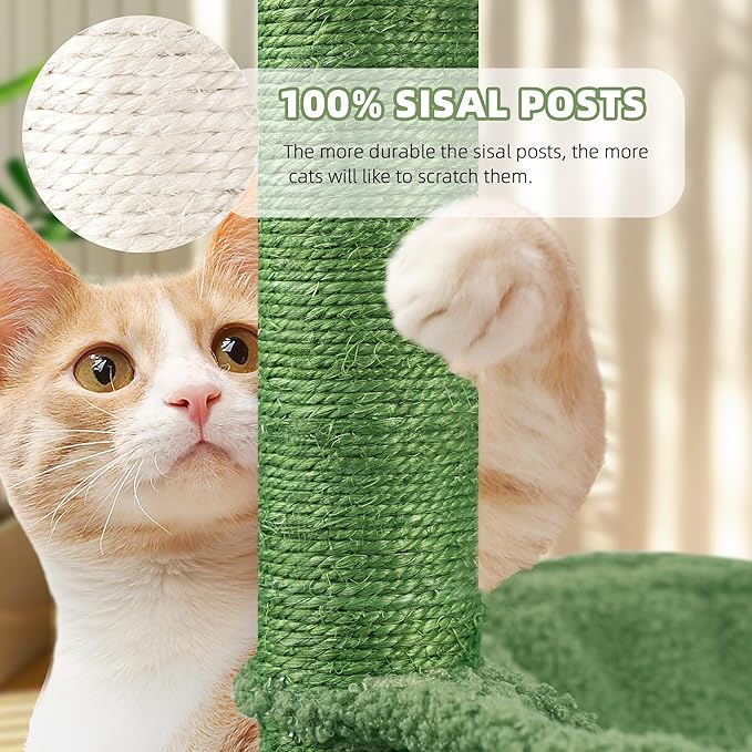 YOUPET 33.46" Cactus Cat Tree Tower with Cat Condo and Scratching Post for Indoor Cats, Activity Center Cat Furniture with Two Big Hammock and Spring Toy Balls, Green