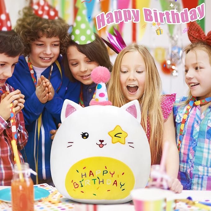 16" Birthday Cat Plush Pillow Stuffed Animals Original Wink Kitty Kitten Large Plushie Cuddle Squishy Happy Birthday Gift for Kids Boys Girls