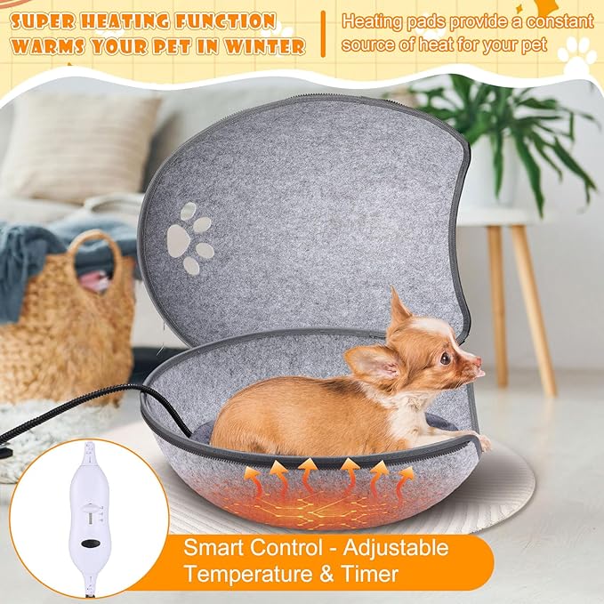 19.7 Inch Heated Cat Bed, Indoor Heated Cat Cave, Heated Cat Pad Cat Bed Warmer Thermal Pet Bed with Removable Waterproof Heater for Kitty Small Dogs Gray