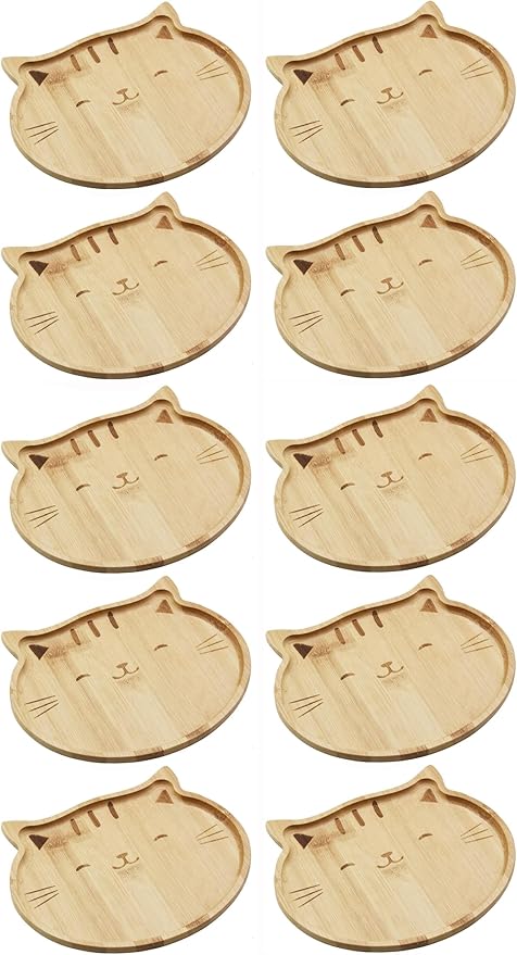 4572, Bamboo Cat Shape Food Plate for Snacks Appetizer Fruit Vegetable | Food Platter | Picnic Kitchen Party | Eco-Friendly Plates, 7"x6.5", Cat Face Shape, 10 Pack