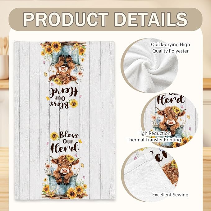 2 Pcs Highland Cow Gifts Highland Cow Kitchen Towels for Farmhouse Bathroom Kitchen Decor 24 x 16 Inch Highland Cattle Tea Hand Towels