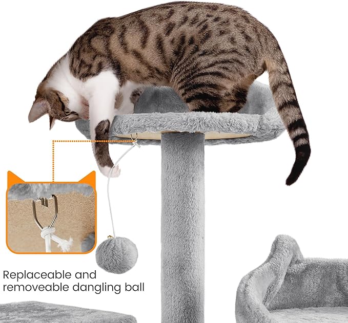 Yaheetech XL Cat Tree, 72in Multi-Level Cat Tower with 2 Cozy Caves, 3 Soft Perches, Scratching Posts, Board, and Dangling Ball, Cat Furniture Cat Play House Kittens, Light Gray