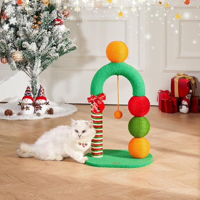 Durable Cat Scratching Post, Natural Sisal Cat Scratcher for Indoor Cats and Kittens, Cat Post with Dangling Ball, Easy Assembly with Bonus Sisal Ball Toy, Fun Candy Cane Design