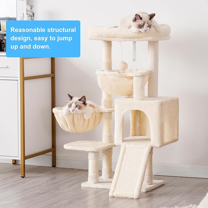 Hey-brother Cat Tree, Cat Tower for Indoor Cats, Cat House with Large Padded Bed, Cozy Condo, Hammocks, Sisal Scratching Posts, Big Scratcher, Beige MPJ006SM