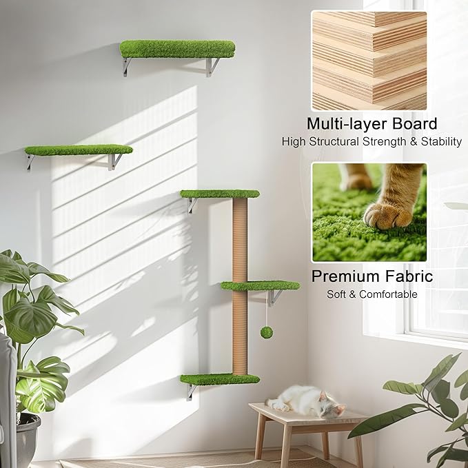 FUKUMARU Cat Wall Shelves, Stable & Safe 4 in 1 Large Cat Wall Furniture Set, Wooden Cat Climbing Wall with Scratching Post, Cat Bridge and Cat Bed, Stylish Cat Jungle Gym for 16 Inch Drywall - Green