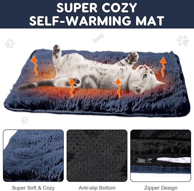 4 Pack Self Warming Cat Bed Pad Self Heating Cat Dog Mat with Fluffy Faux Fur Plush Cat Calming Bed Thermal Cat Mat Washable Pet Pad Anti Slip Bottom for Outdoor Indoor Pets 16" x 20"