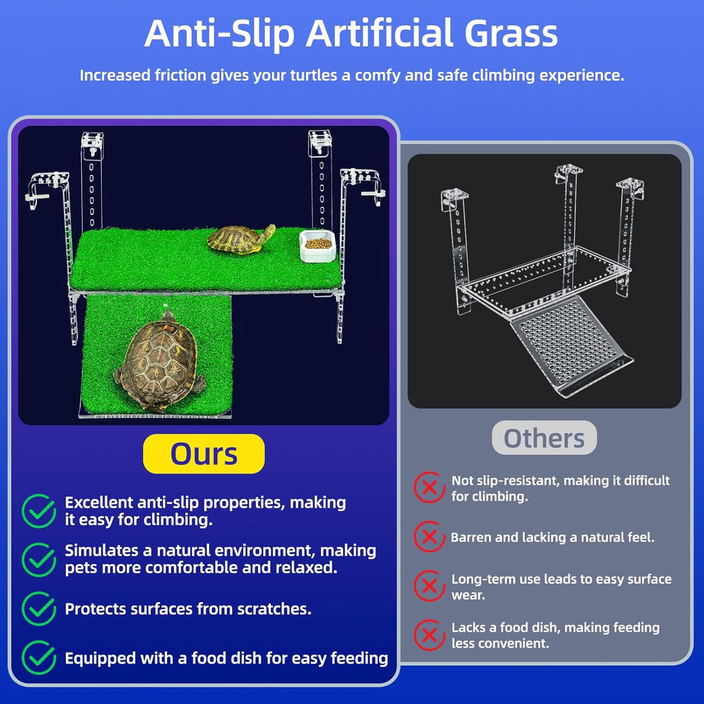 Adjustable Hanging Turtle Dock with Anti-Slip Artificial Grass Basking Platform Sturdy Acrylic Ramp for Aquatic Turtles, Compatible with Various Tank Sizes, Easy Setup Transparent, 15 Inch