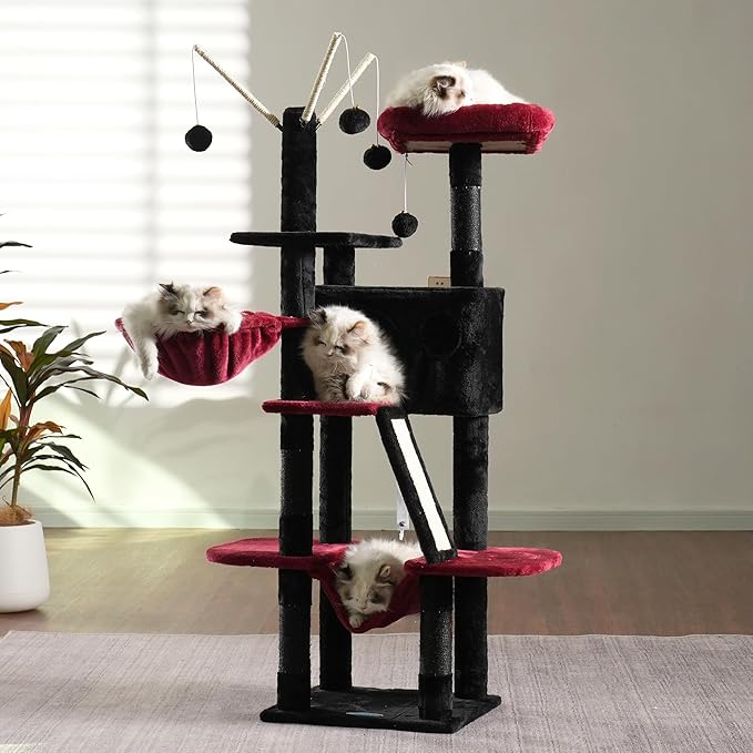 Hey-brother Gothic Cat Tree, 53 inch Cat Tower for Indoor Cats, Cat House with Padded Platform Bed, Toy Balls, Large Cozy Condo, Hammocks and Sisal Scratching Posts, Black and Red MPJ019SBR