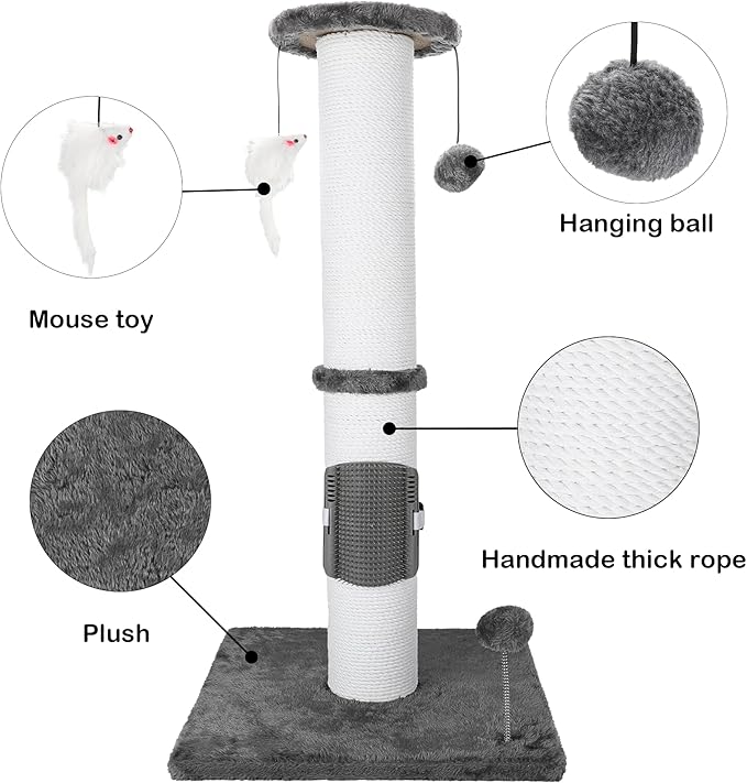 34 Inches Cat Scratching Post Heavy Duty and Thicker Cat Self Grooming with Hanging Toys and Sturdy Handmade Rope, Grey