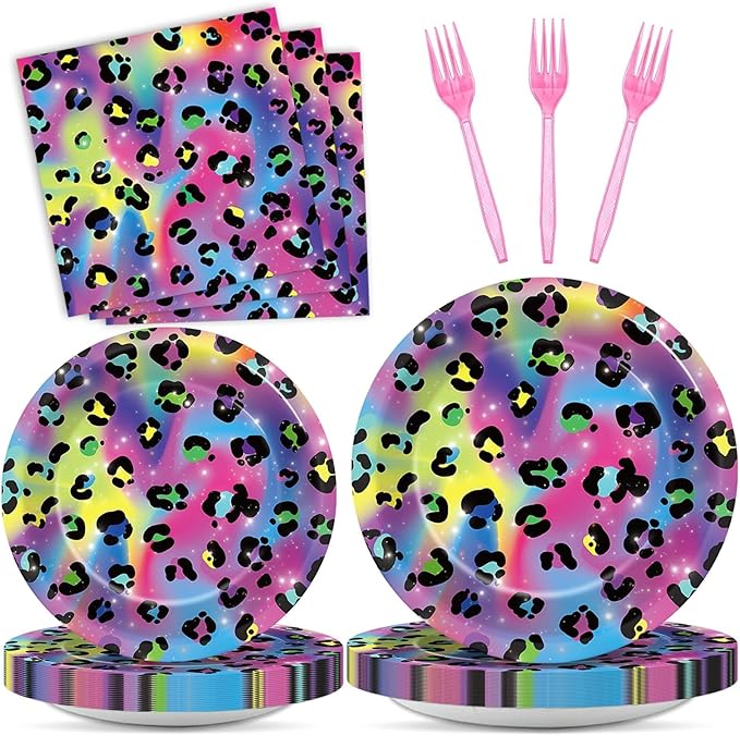 96Pcs Neon Rainbow Leopard Birthday Party Supplies Cheetah Party Plates and Napkins Neon Rainbow Leopard Party Disposable Tableware Decorations for Neon Baby Shower Party Favors for 24 Guests