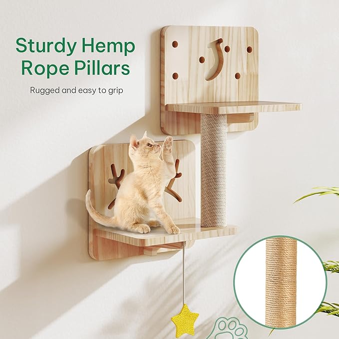 YITAHOME Christmas Solid Wood Cat Wall Shelves and Perches for Wall, Pine Wall Mounted Cat Tree 13 Piece Set, Cat Climbing Shelves with House, Mat, Christmas Tree Scratcher, Feeding Bowl for Cats