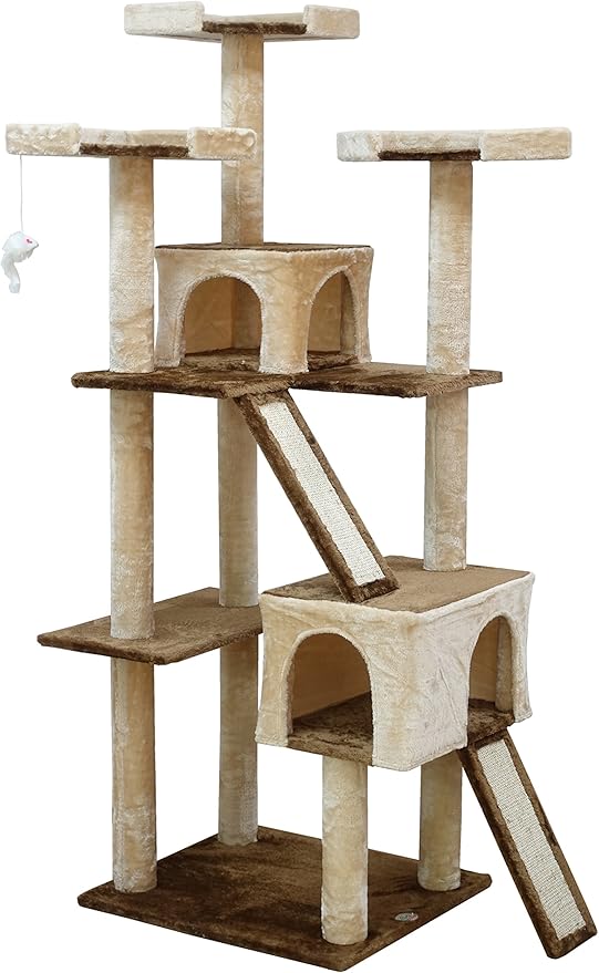 Go Pet Club Everyday Value 71in Cat Tree Kitty Tower Kitten with Dual Condos and Double Scratching Boards Indoor Cat Activity Center Furniture, Beige/Brown