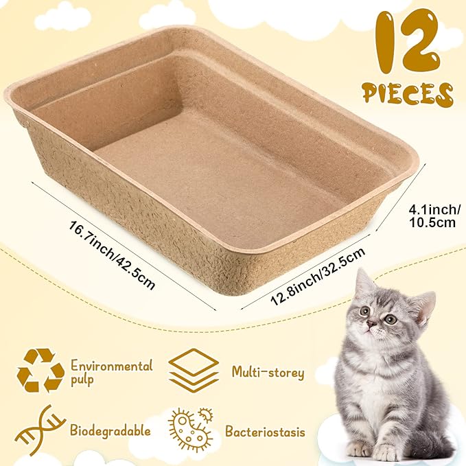12 Pieces Disposable Litter Boxes for Cats Degradable Paper Cat Litter Tray Waterproof Portable 2 in 1 Kitten Litter Box for Cat, Small Animals, for Home Car Travel Pet Shop, 16.7 x 12.8 x 4.1 Inch