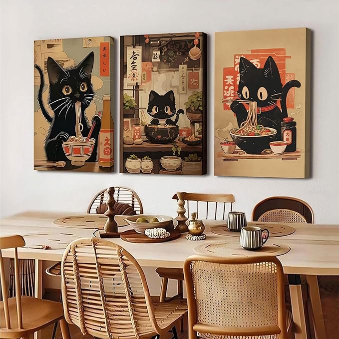 3Pcs Framed Japanese Funny Black Cat Canvas Wall Art Vintage Cat Eating Ramen Posters Prints Edo Period Ramen Cat Pictures Unique Kitchen Painting Dining Wall Decor Animal Lover Gift 12x16in