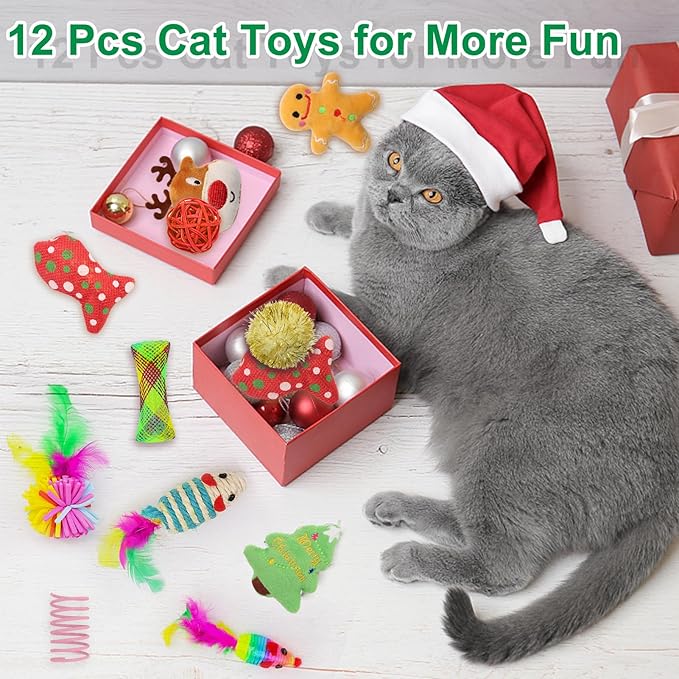 12Pcs Christmas Stocking Cat Toys, Xmas Cat Toys Set with Catnip Plush Toy, Mice Feather Toys, Cat Wand, Pet Supplies for Kitten Toys Interactive Play Indoor Cats Christmas Decorations