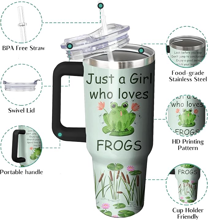 40 Oz Frog Tumbler with Handle and Straw, Double Wall Stainless Steel Insulated Coffee Mug, Leak Proof Cup, Gifts for Women and Frog Lovers