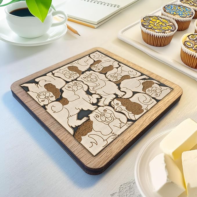 02 Cavalier King Charles Spaniel Dog Coaster - Cavalier Dog Puzzle Wooden Coaster Set - Interlocking Jigsaw Drink Mats with Laser-Cut Design for King Dog Lovers