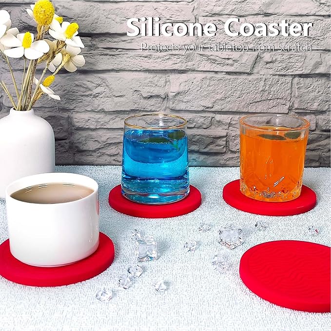 6-Pack Silicone Coasters with Deep Tray Holder, Double-Sided Drink Coasters, Christmas Decorations