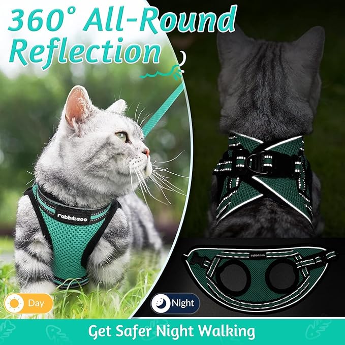 rabbitgoo Cat Harness and Leash Set for Walking Escape Proof, Adjustable Soft Kittens Vest with Reflective Strip for Cats, Comfortable Outdoor Vest, Green, XL