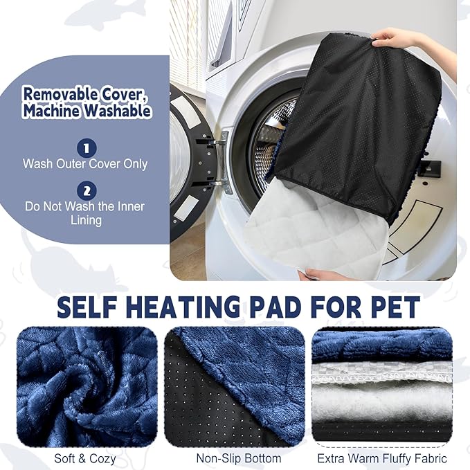 4 Pack Self Heating Cat Pad Self Warming Cat Mat Non Slip Warm Dog Bed Pad Mat Washable Pet Kennel Pad Crate Bed Mat Removable Cover Cat Blanket for Indoor Outdoor(Navy Blue,16 x 20 Inch)