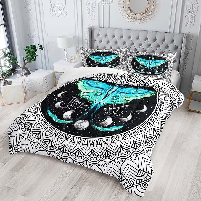 AILONEN Moth Comforter Set for Girls Kids Teens, Boho Death Moth Print Bedding Set Full Size,Fantastic Mandala Sun Moon Quilted Duvet,1 Comforter 2 Pillowcases 3 Piece