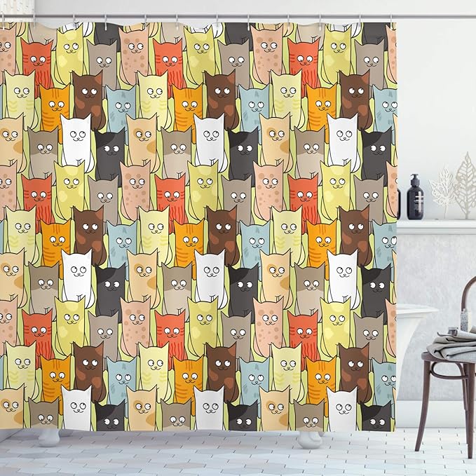 Ambesonne Cats Shower Curtain, Funny Colorful Graphic Kittens Cartoon Style Boys Girls Playroom, Cloth Fabric Bathroom Decor Set with Hooks, 69" W x 84" L, Pastel Pink Grey