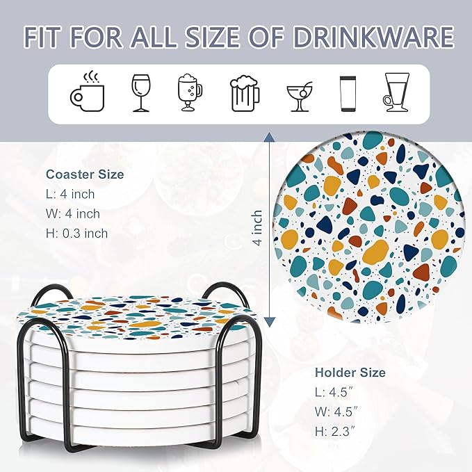 6 Pcs Coasters for Drinks with Holder, Terrazzo Marble Absorbent Ceramic Coasters with Cork Base,Cute Funny Table Drinks Coasters Tabletop Protection Mat,Table Home Decor,4 Inches