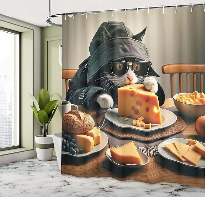 Ambesonne Cat Shower Curtain, Whimsical Kitty in a Mysterious Trench Coat Having a Feast with Cheese, Cloth Fabric Bathroom Decor Set with Hooks, 69" W x 70" L, Marigold and Charcoal Grey