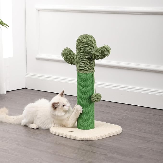 CTR1000A Pecos 21" Modern Jute Cactus Cat Scratching Post with Fuzzy Toy, Green/White