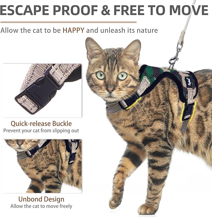 PUPTECK Cat Harness and Leash Set Escape Proof, Reflective Adjustable Soft Mesh Kitten Vest Harness for Walking Travel, Camouflage, S