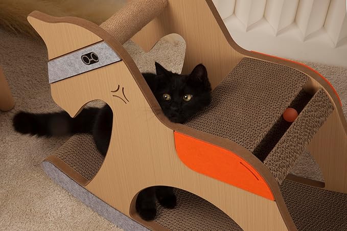 Rocking Horse Cat Tree - Vintage 3-in-1 Scratcher, Lounger, and Play Toy with Nostalgic Wooden Design, Cute and Multi-Functional Cat Furniture