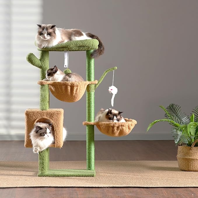 Heybly Cat Tree, 39.4 Inches Cactus Tower Condo with Scratching Post, Cat Tower for Indoor Cats, Fully Wrapped Sisal Pole, Soft Platform, 2 Baskets and Dangling Toy, Green and Yellow HCT006SGY