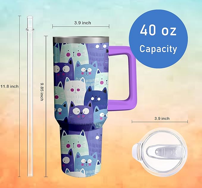40oz Cute Cat Tumbler with Handle and Straw, Stainless Steel Insulated Cup with Lid, Travel Coffee Mug Water Bottle, Birthday Mothers Day Gifts for Women Men Animal Lovers