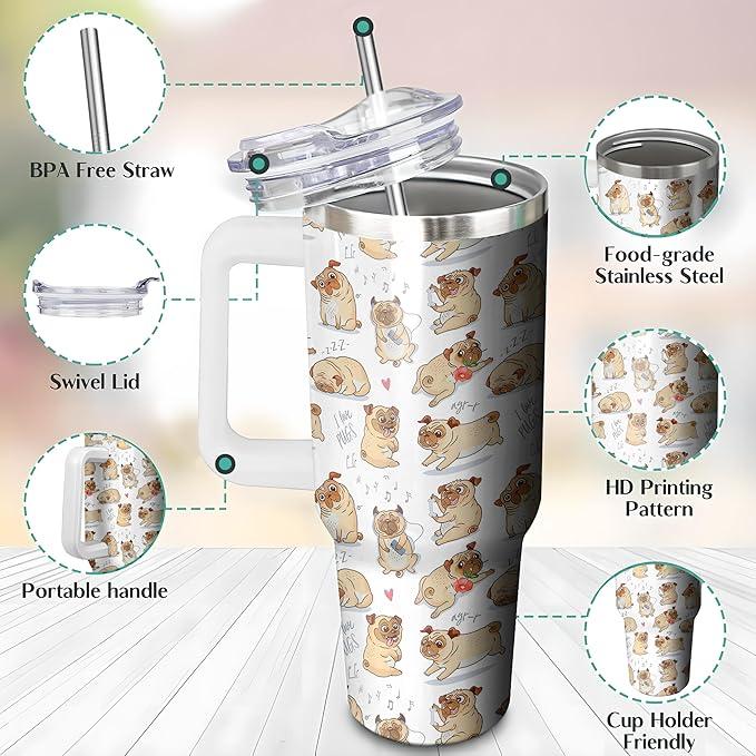 40 Oz Tumbler With Handle and Straw, Double Wall Stainless Steel Pug Coffee Cup, Insulated Mug for Dog Lovers, Dad or Mom Tumbler, Pug Gifts for Women and Men