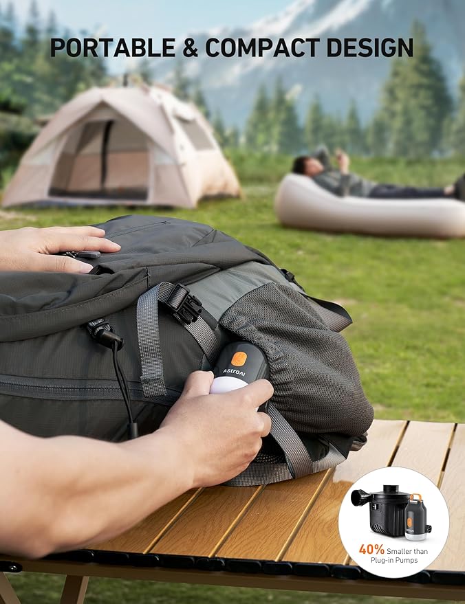 AstroAI Mini Air Pump for Inflatables with 3000mAh Battery Portable Air Mattress Pump with Camping Lantern Electric Air Pump with 5 Nozzles Inflate & Deflate Air Mattress, Vacuum Storage Bags Gray