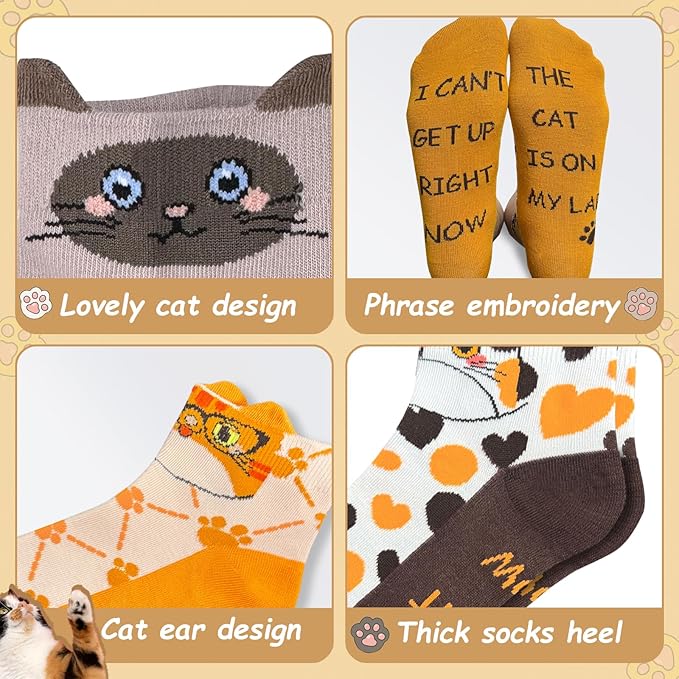 12 Pairs Women's Cat Socks, Cute Animal Ankle Socks, Funny Novelty Gifts for Cat Lovers