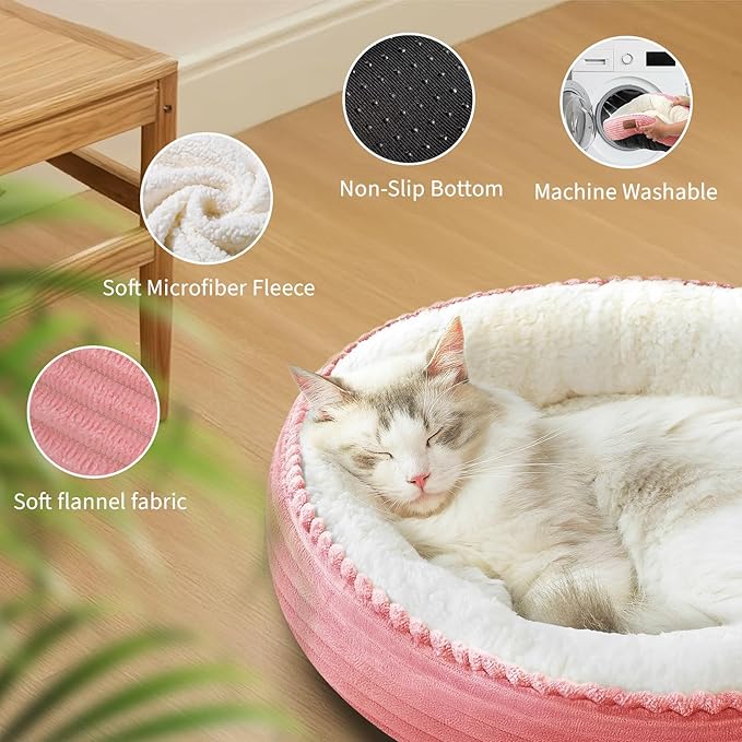 20in Washable Cat Beds for Indoor Cats - Round Donut Pet Bed for Cats, Small Dogs, Puppy, Kitten - Anti-Slip Bottom, Calming Bed Gift - Pink