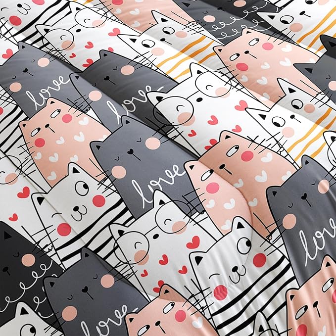 AILONEN Funny Cute Kitten Comforter Set - Twin Size, 3-Piece Hearts Cat Bedding with 2 Pillowcases, All Season