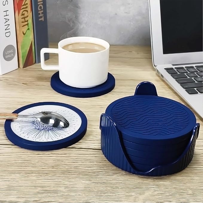 6-Pack Indigo Silicone Coasters with Deep Tray Holder - Double-Sided Drink Coasters - Beverage Mats for Hot or Cold Drinks - Thick, Non-Slip, Non-Stick Silicone with Ceramic Insert