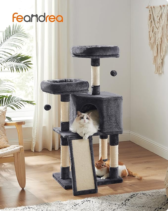 Feandrea Cat Tower, Cat Tree for Indoor Cats, 45.3-Inch Cat Condo with Scratching Post, Ramp, Perch, Spacious Cat Cave, for Kittens, Elderly Cats, Adult Cats, Small Space, Smoky Gray UPCT141G01