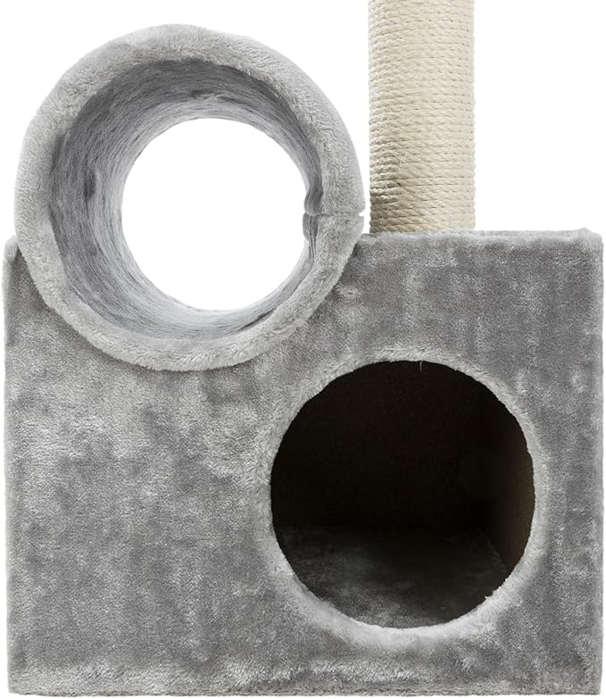 TRIXIE Tolar Cat Scratching Post 31.5 Inch - with Durable Sisal Rope and Tunnel, Condo, Platform with Removable Cushion & Dangling Cat Toy - in Gray