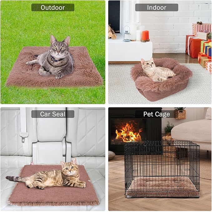 SCENEREAL Self Warming Cat Bed, Heated Cat Bed Mat for Cats Small Dogs, 2 in 1 Soft Plush, Washable Pet Pad for Indoor Outdoor Kitten Puppy, Brown 28" x 24"