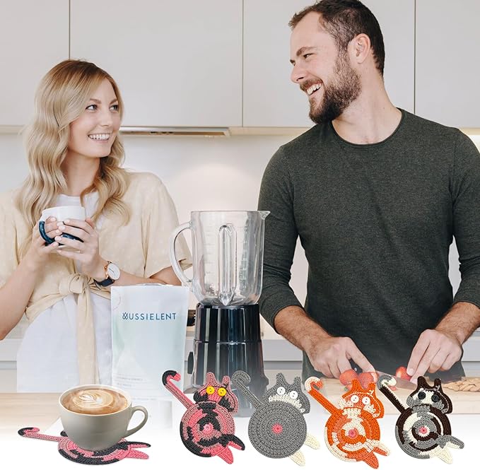 4 Pcs Coasters for Drinks, Boho Style Coaster, Cotton Woven Creative Cute Cat Coaster, Funny Coasters for Bar, Table Protection Suitable, Housewarming Gifts New Home