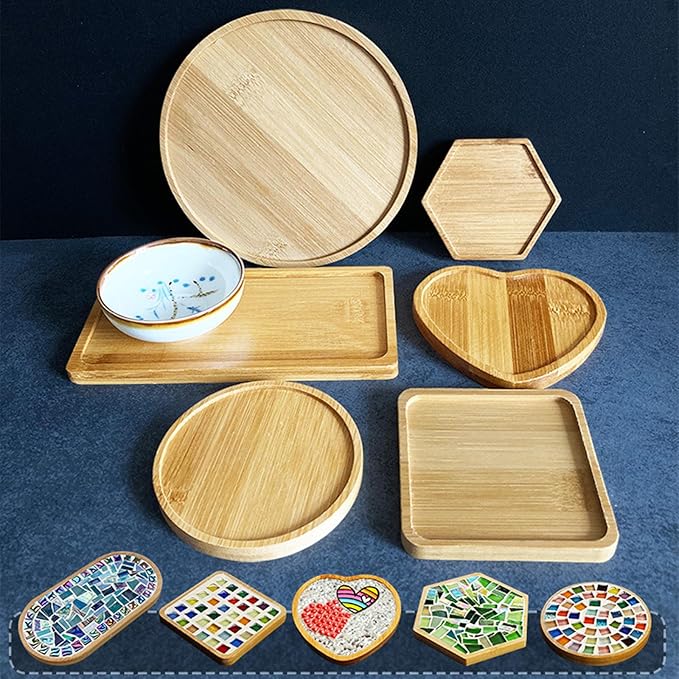 4PCS Mosaic Bamboo Coasters for Crafts, Blank Base Trays, Drinking Cup Coaster, Plant Coaster, Art Plate,DIY Mosaic Supplies (Cat)